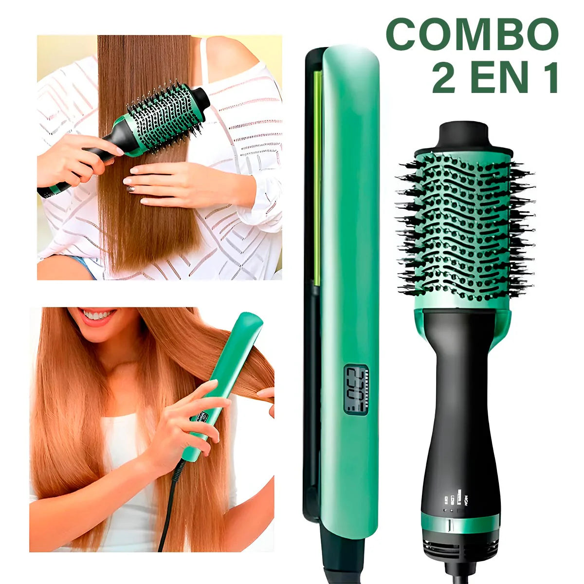 Combo 2 en 1 Plancha + Cepillo Secador Cabello